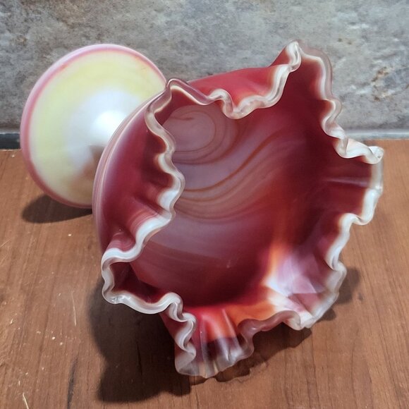 Slag Glass Orange Red Swirl Crimped Candy Trinket Dish - Picture 10 of 11